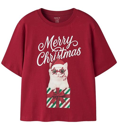 Name It T-shirt - NkfVosmas - Red Dahlia/Xmas Cat