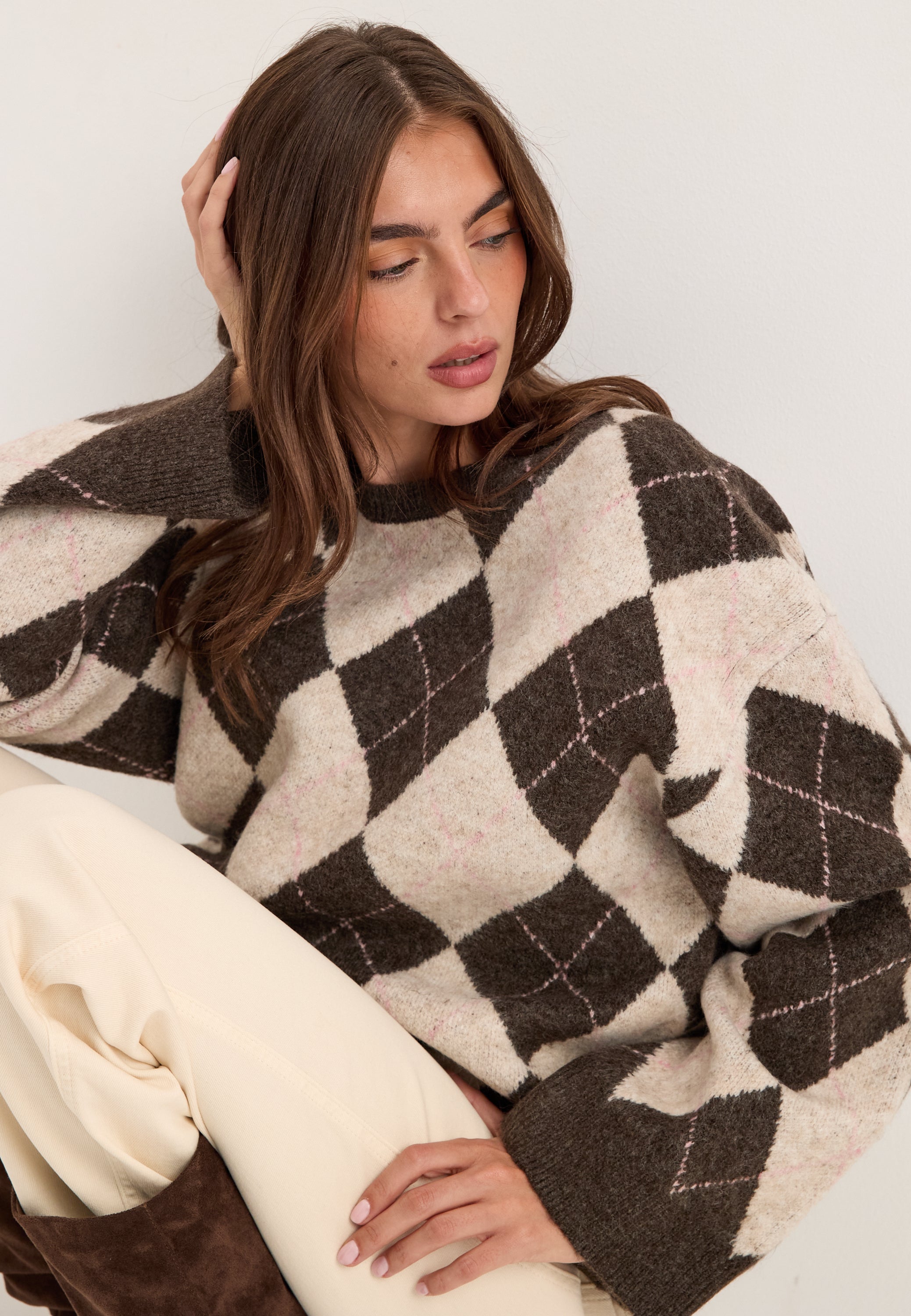PIECES Pcalva Ls Loose O-neck Check Knit