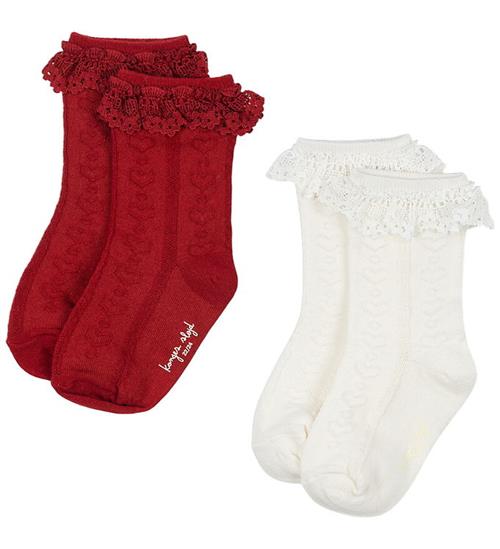 Konges Sløjd Strømper - 2-pak - Pointelle Frill - Red/Off White